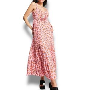 Topshop Pink‎ Orange Rose Print Bow Front Tie Tiered Midi Summer Dress Size 10
